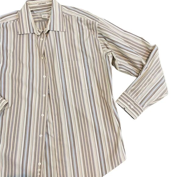 Men’s Pronto Uomo striped non iron 100% cotton shirt chest pocket blue/tan xl - Picture 1 of 6